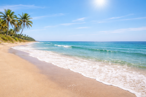 Sunny tropical beach with blue ocean, palm trees, and bright summer sunshine representing hot weather and the summer cleaning season.