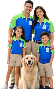 Smiling family in SoftWash Systems uniforms with their golden retriever representing trusted roof and exterior house cleaning services.